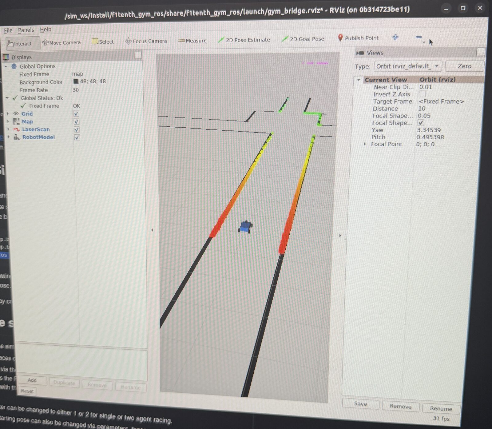 RViz showing the F1TENTH gym simulator: the car in a corridor with its LaserScan returns drawn along both walls, colored by range