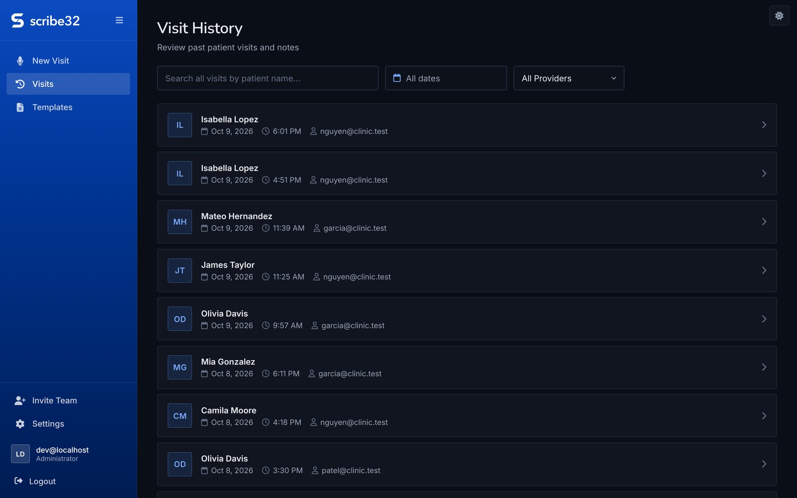 Scribe32 Visit History list with search, date and provider filters